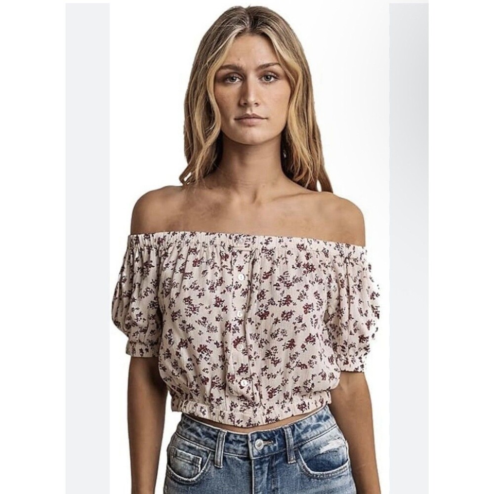 VERO MODA Floral Button-Front Crop Top - Size L - Boho Off-The-Shoulder